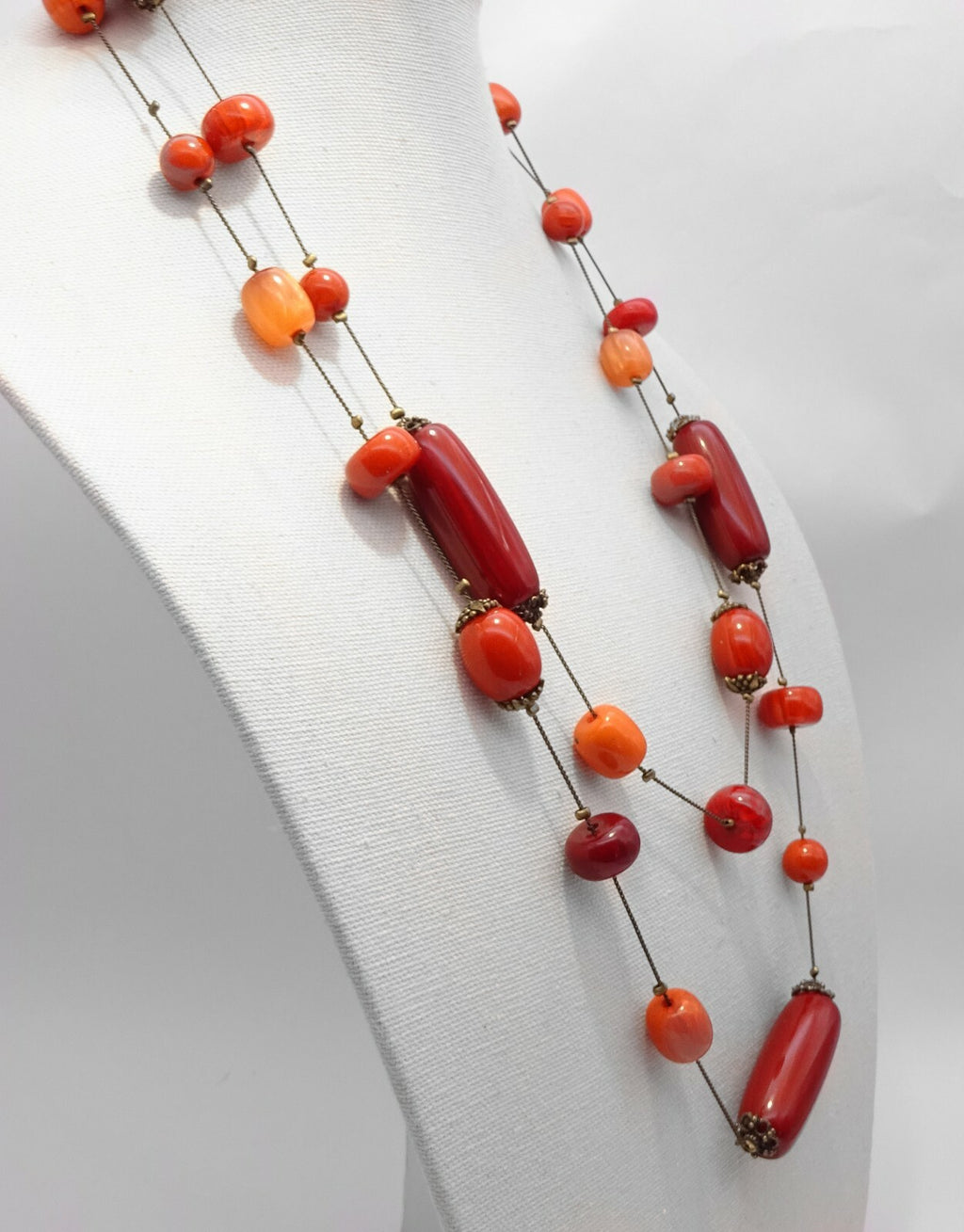 Extra Long Station Necklace Large Bead Single Strand Red Orange Acrylic 60"