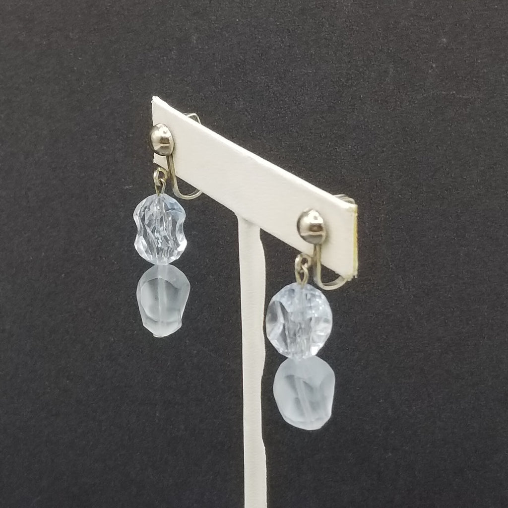 Vintage Clip On Silver tone Light Blue Acrylic Bead Dangle 1 3/4"