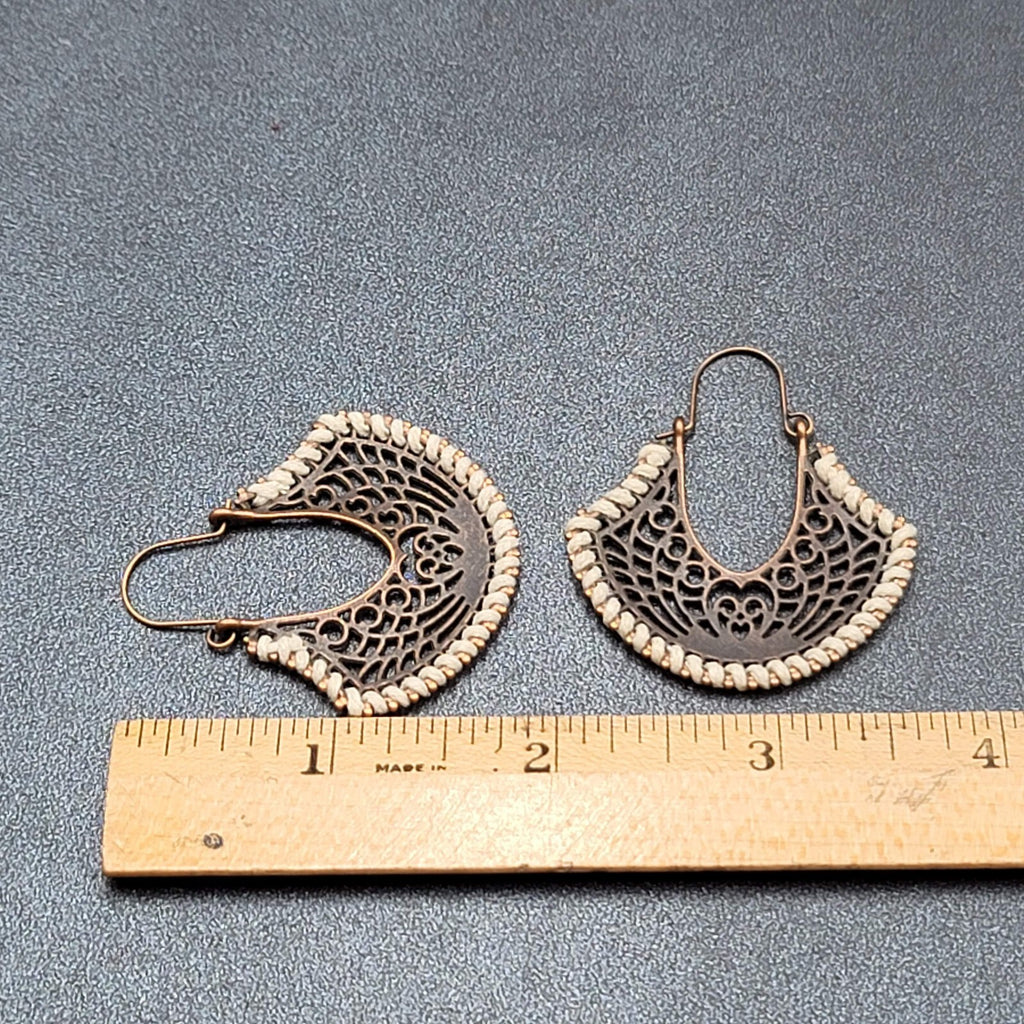 New Boho Pierced Earrings Bronze tone Open Work White Thread Hoops Dangle 1.75"