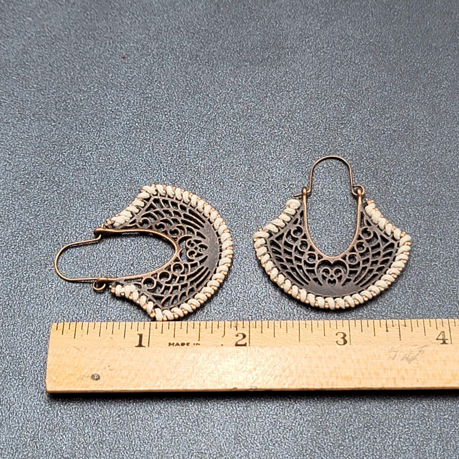 New Boho Pierced Earrings Bronze tone Open Work White Thread Hoops Dangle 1.75"