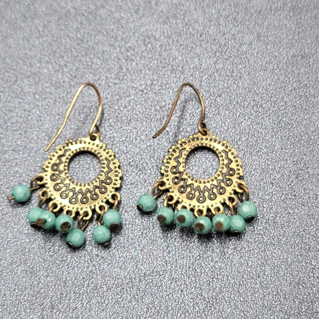 Pierced Earrings Bronze tone Blue Bead Medallion 1"