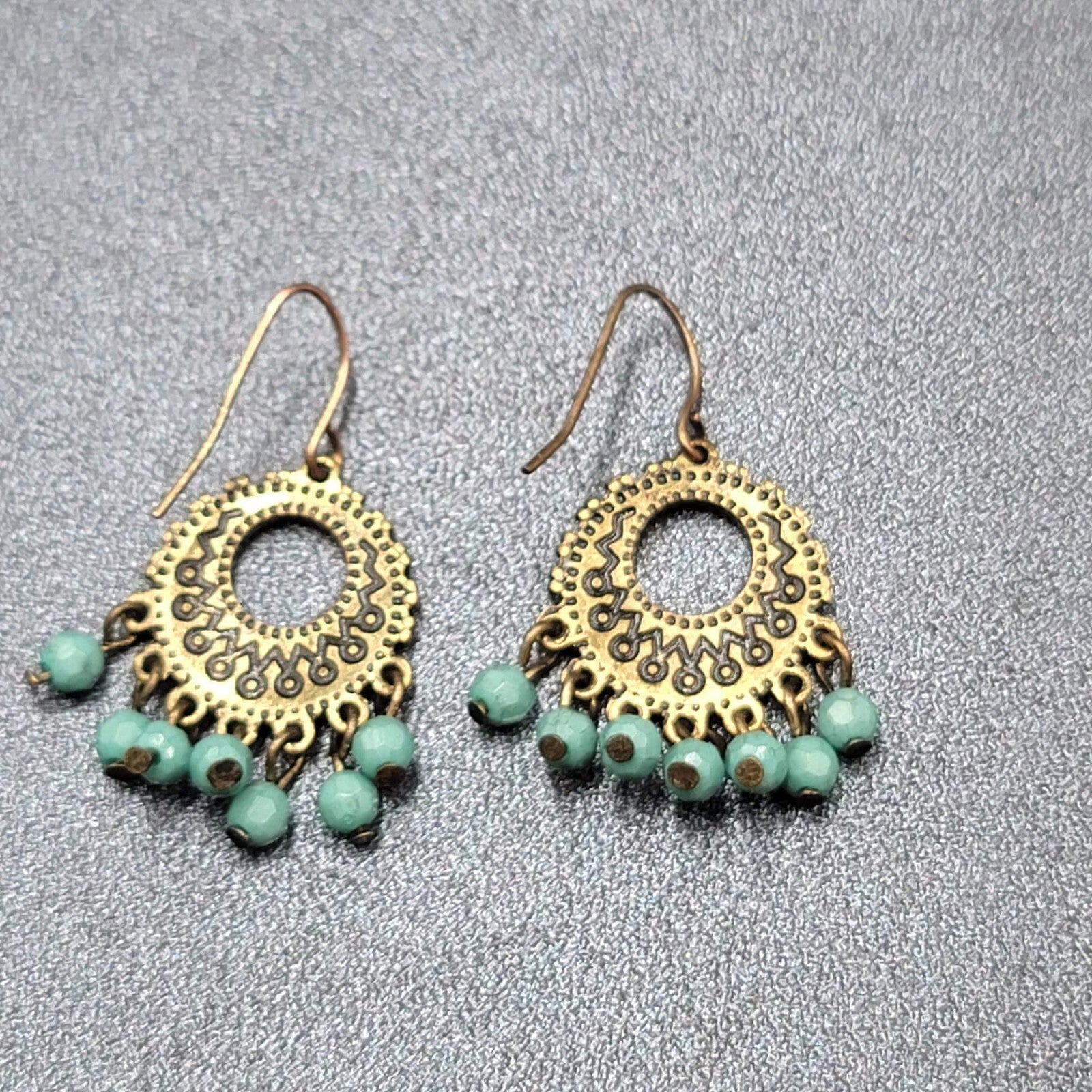 Pierced Earrings Bronze tone Blue Bead Medallion 1"