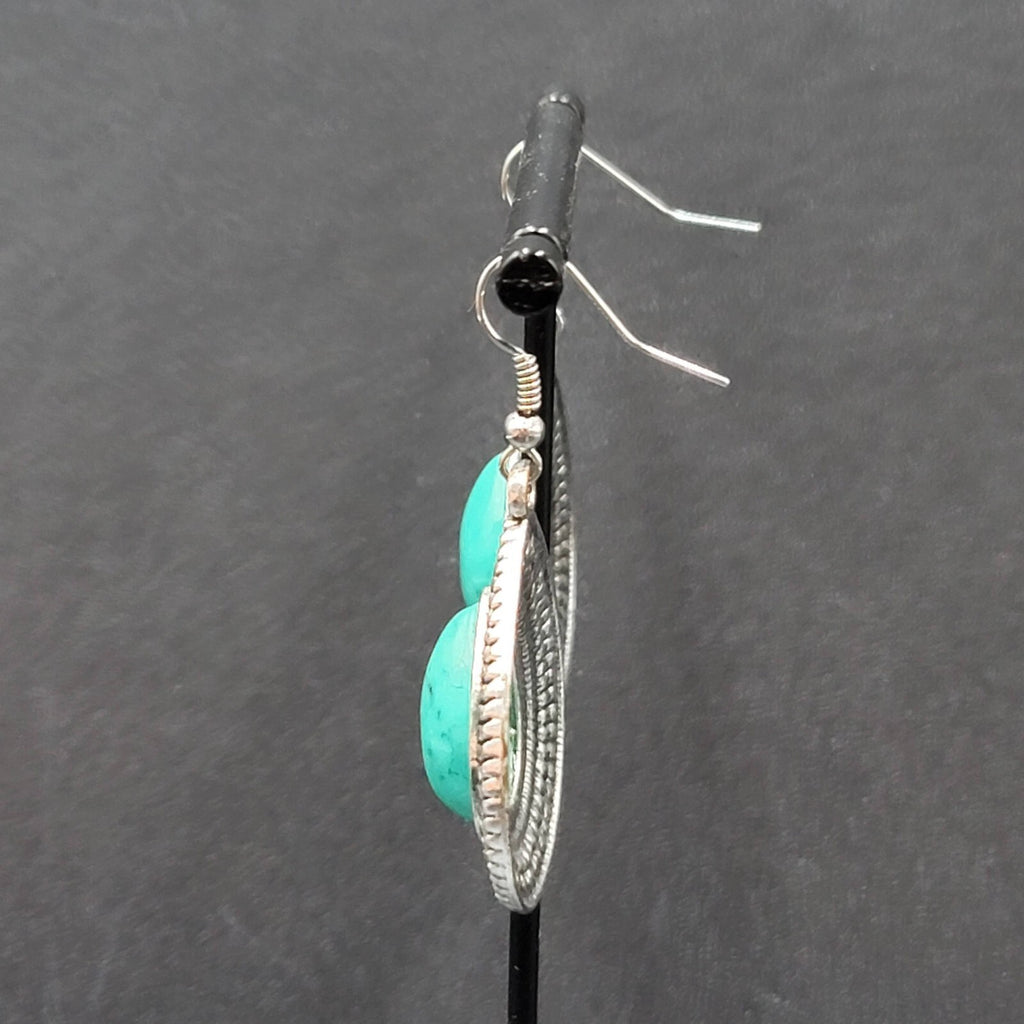 Pierced Earrings Silver tone Faux Resin Turquoise Blue Teardrop Dangle 1 3/8"