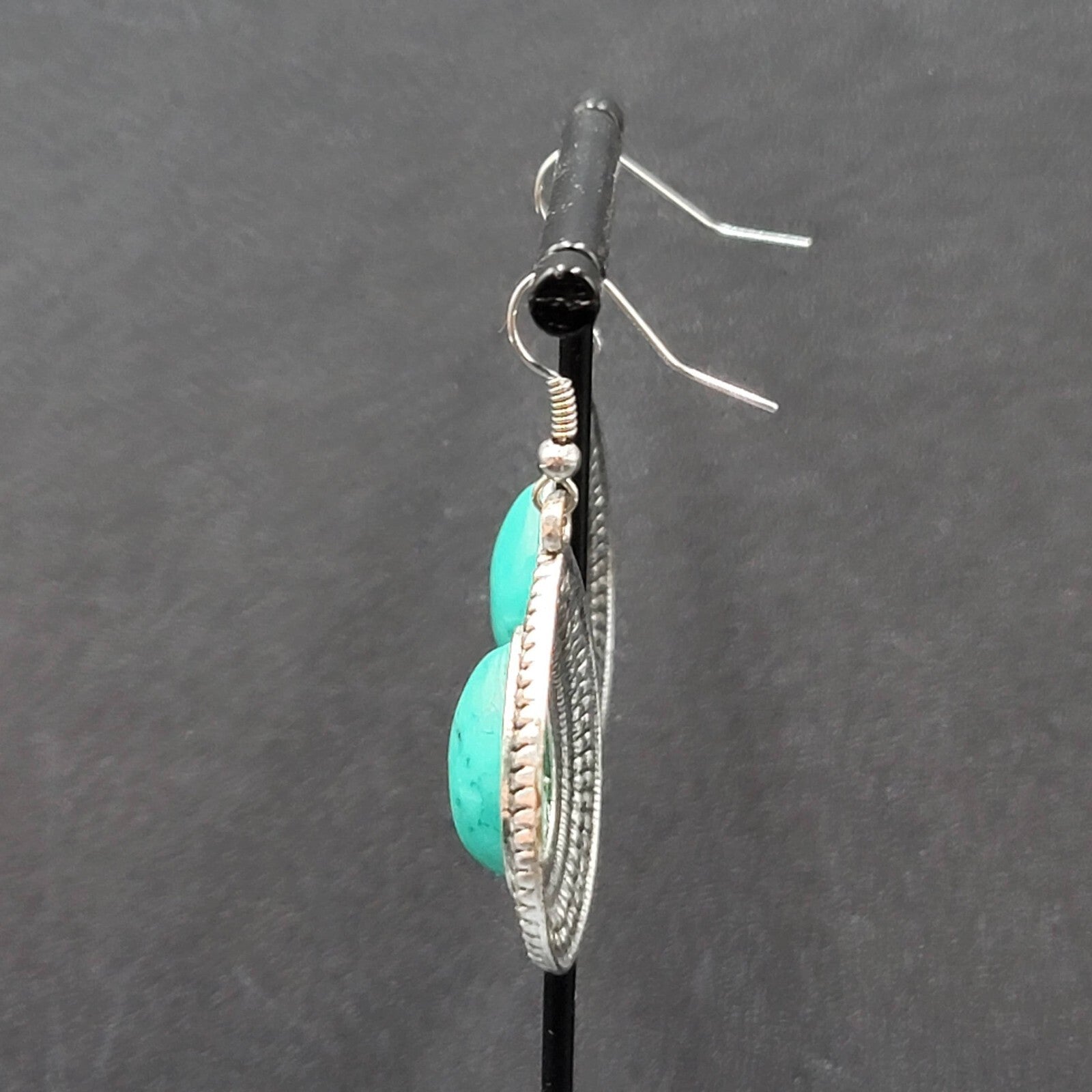 Pierced Earrings Silver tone Faux Resin Turquoise Blue Teardrop Dangle 1 3/8"