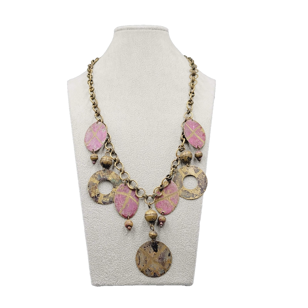 Vintage Artisan Ethnic Necklace Brass Pink Painted Metal Chain Artistic 24"