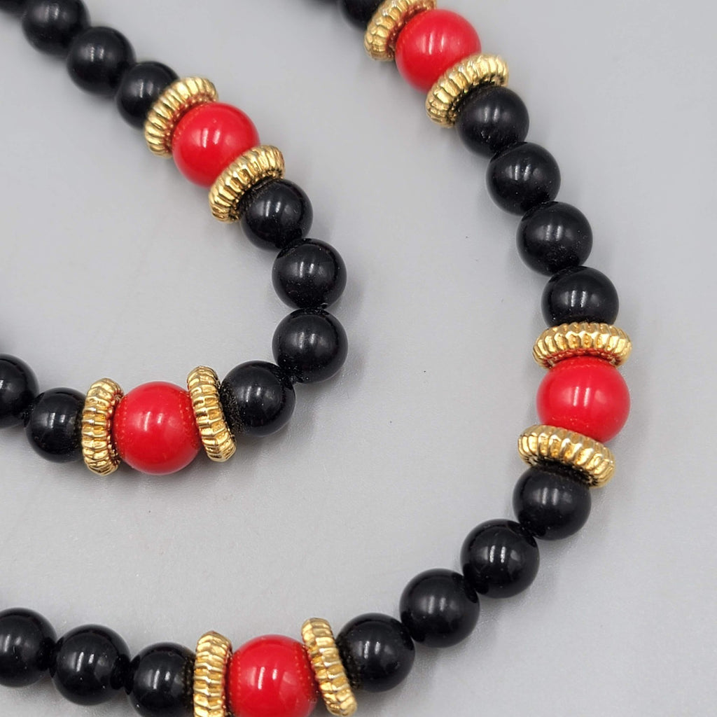 Vintage Black Red Bead Necklace Gold tone 32" Estate Costume Jewelry
