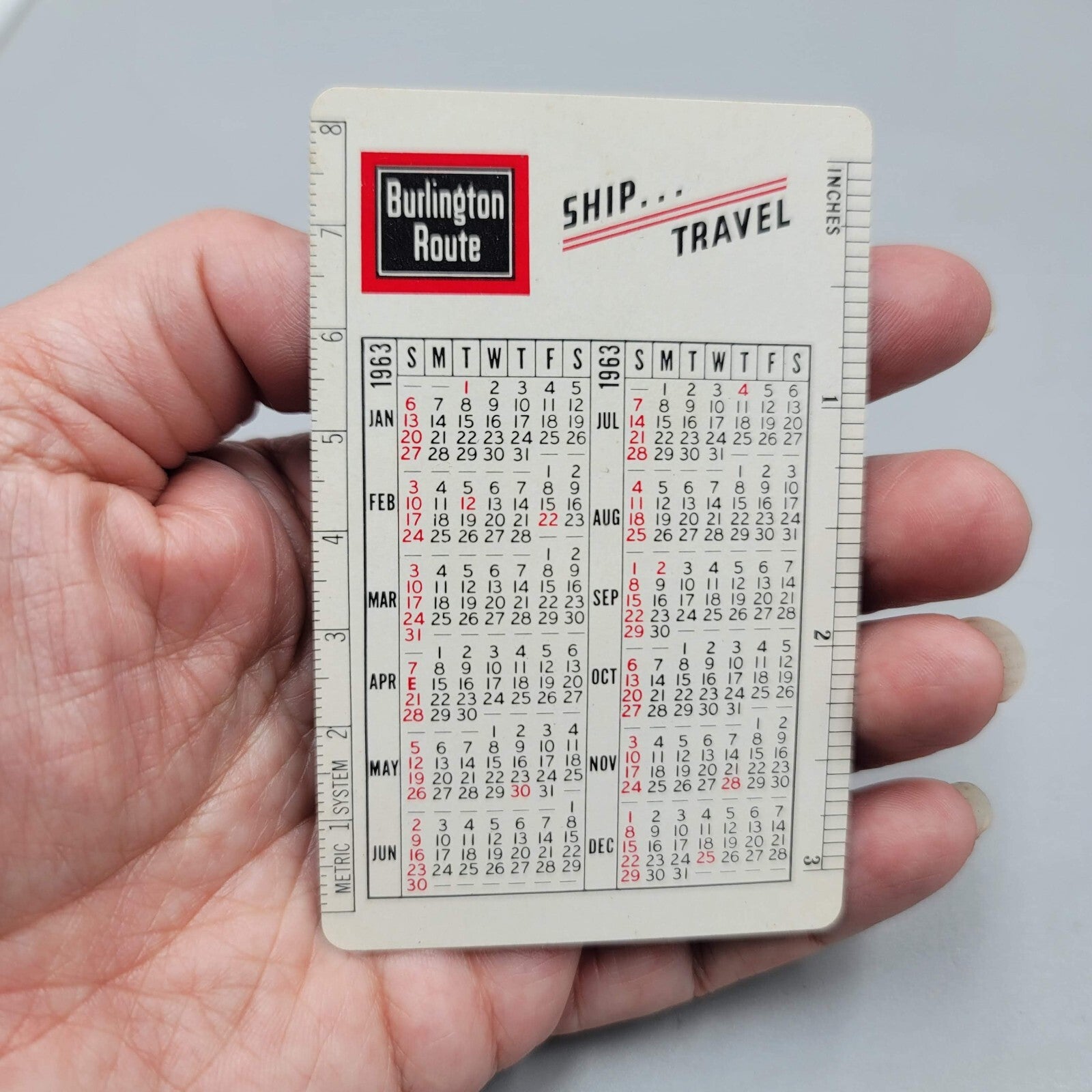 1963 Burlington Route Pocket Calendar Wallet Ad Card Vintage Railroad Train RR