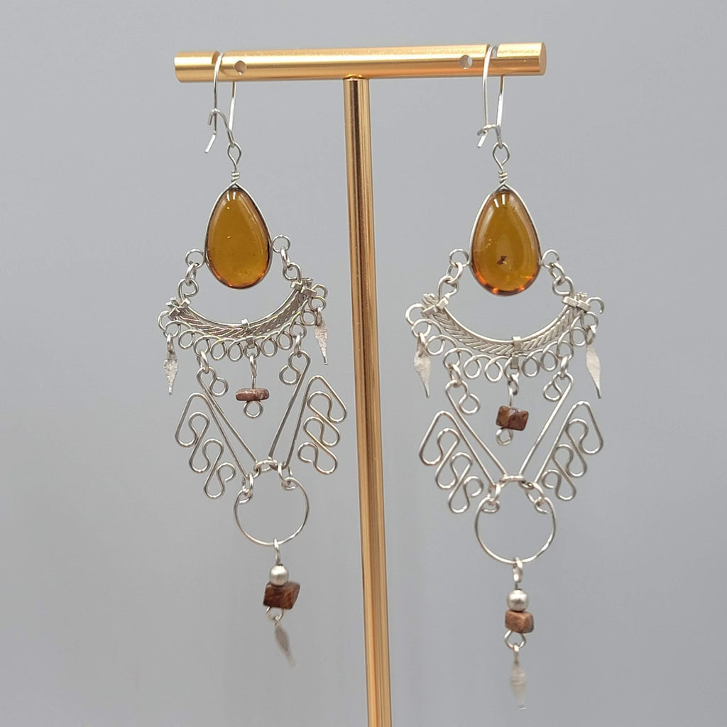 Bohemian Chandelier Brown Glass Pierced Earrings Silver tone Dangle 3.25"