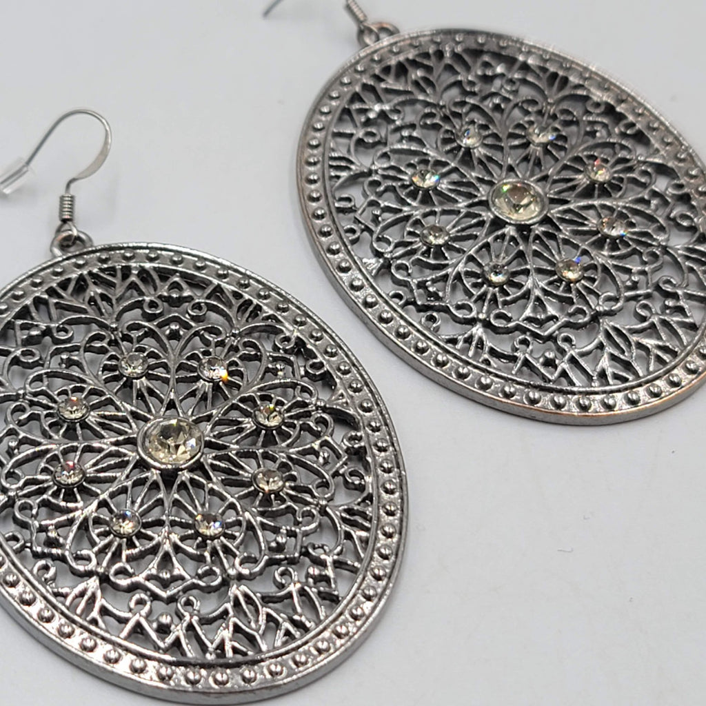 Large Medallion Pierced Earrings Black Metal Rhinestone Open Oval Dangle 2.5 in