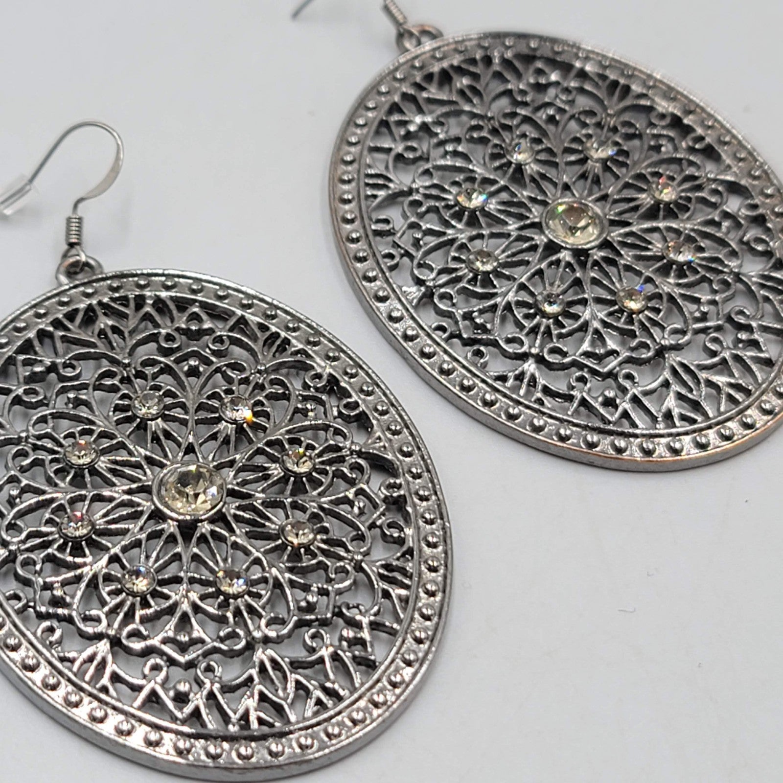 Large Medallion Pierced Earrings Black Metal Rhinestone Open Oval Dangle 2.5 in