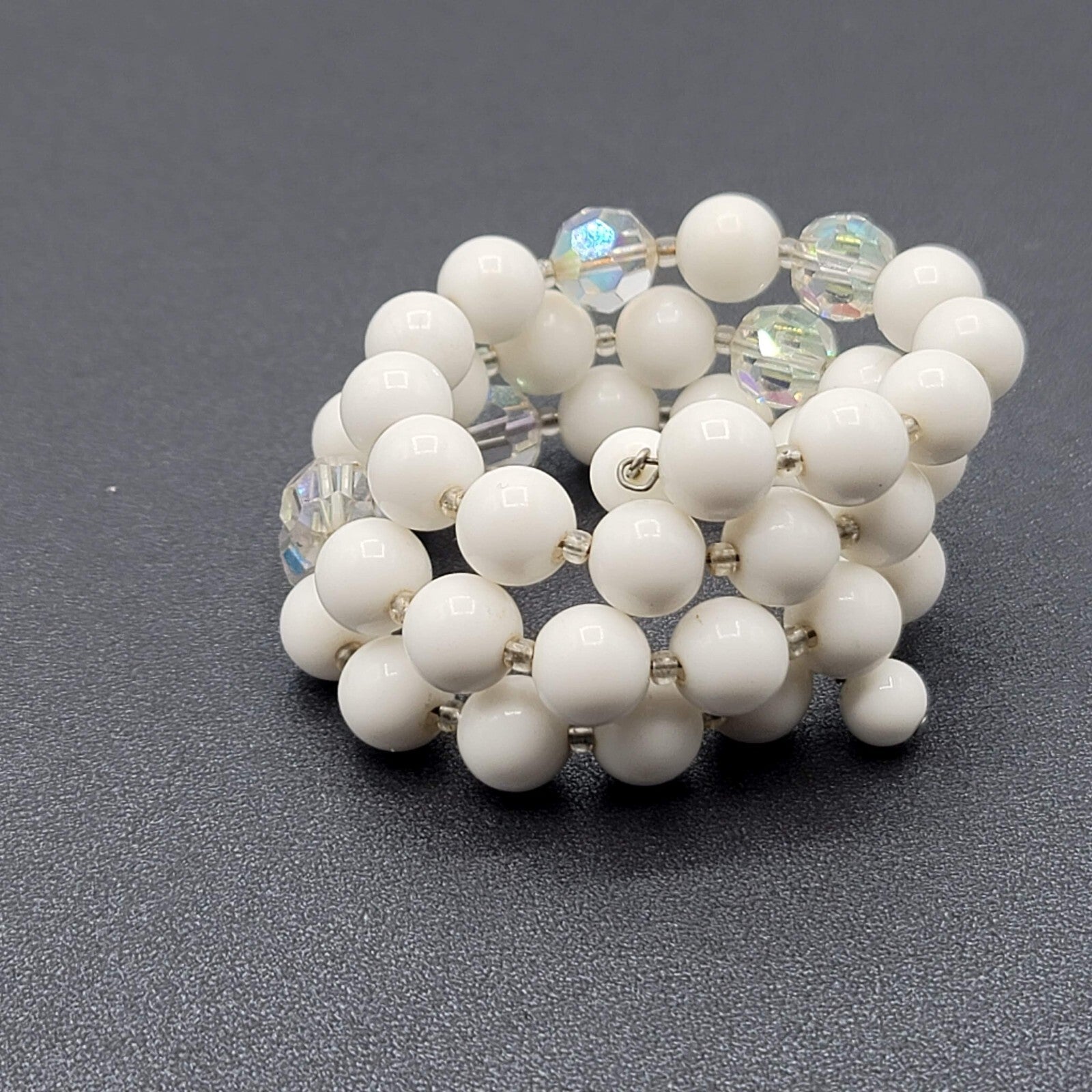 Vintage Memory Wire Bracelet White AB Faceted Beads Estate Costume Jewelry