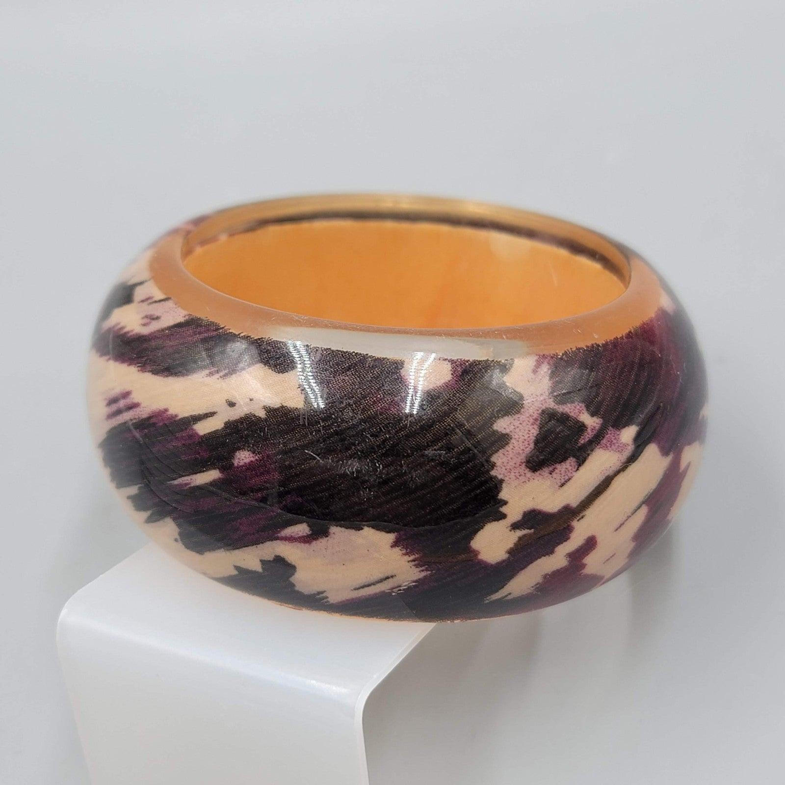 Large Statement Bangle Bracelet Tan Purples 7 in and 2 in wide
