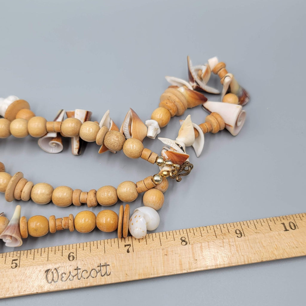 Vintage Necklace Wood Bead Shell Pieces LONG Unique Beach Summer 40"