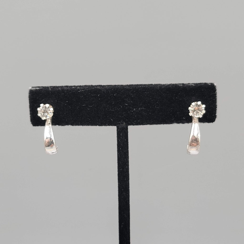 Silver tone Pierced Earrings Convertible Curved Jacket Crystal Minimalist 5/8"