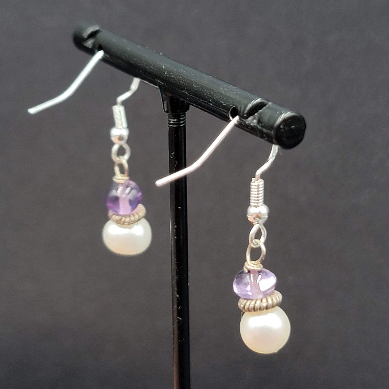Sterling Silver Pierced Earrings Pearl Amethyst Bead Dangle 5/8"