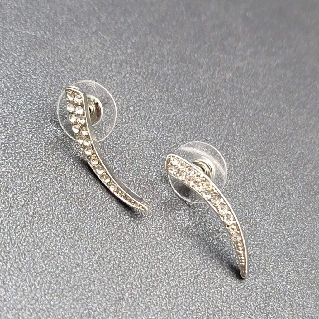 Pierced Earrings Silver tone Clear Rhinestone Drop 1"