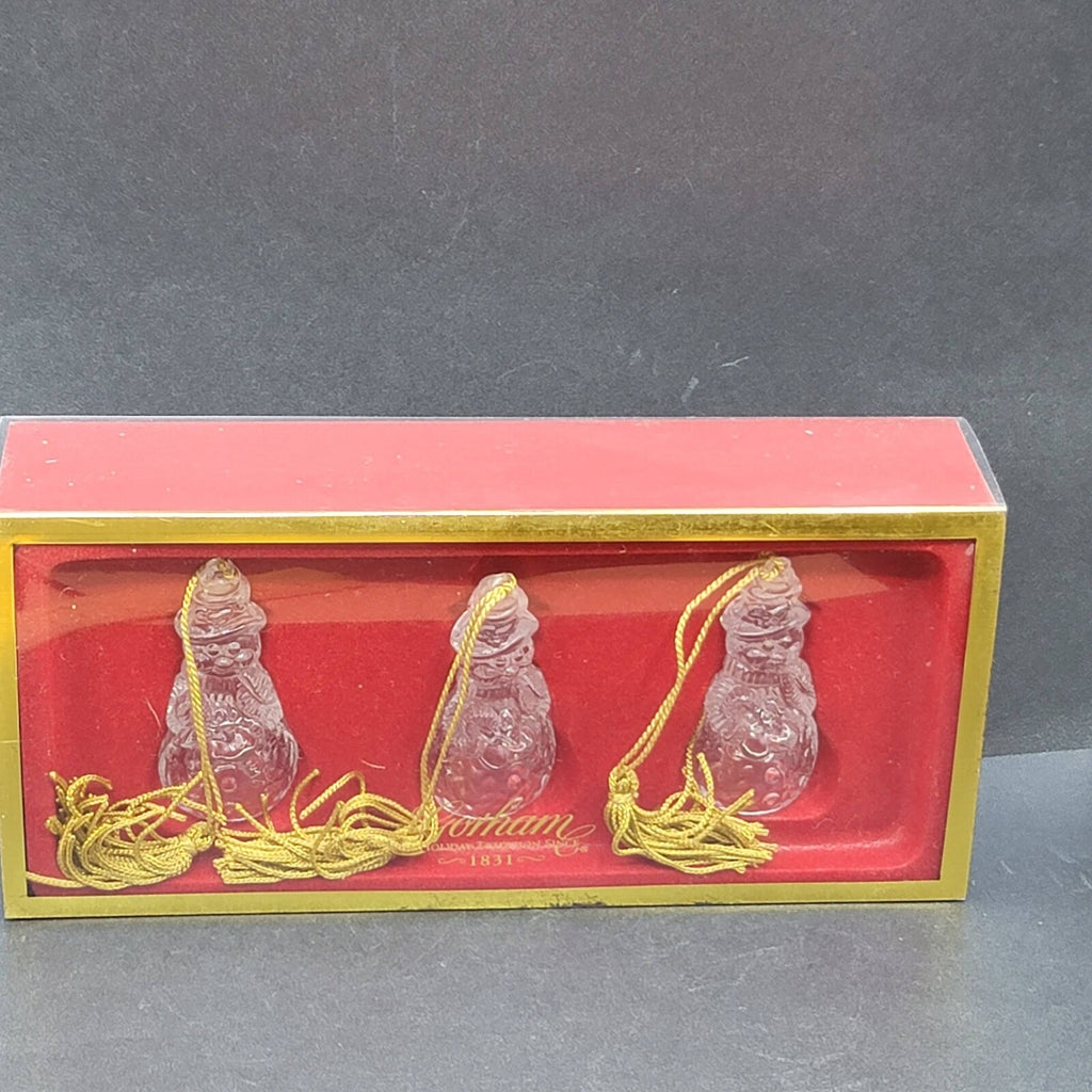 GORHAM GLASS CHRISTMAS LOT OF 3 SNOWMEN ORNAMENTS WITH GOLD TASSEL