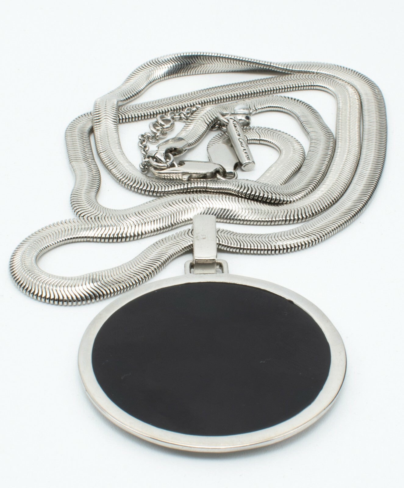 Kenneth Cole Silver tone 5mm Snake Chain Large Black Pendant 2"  LONG 30" - 33"
