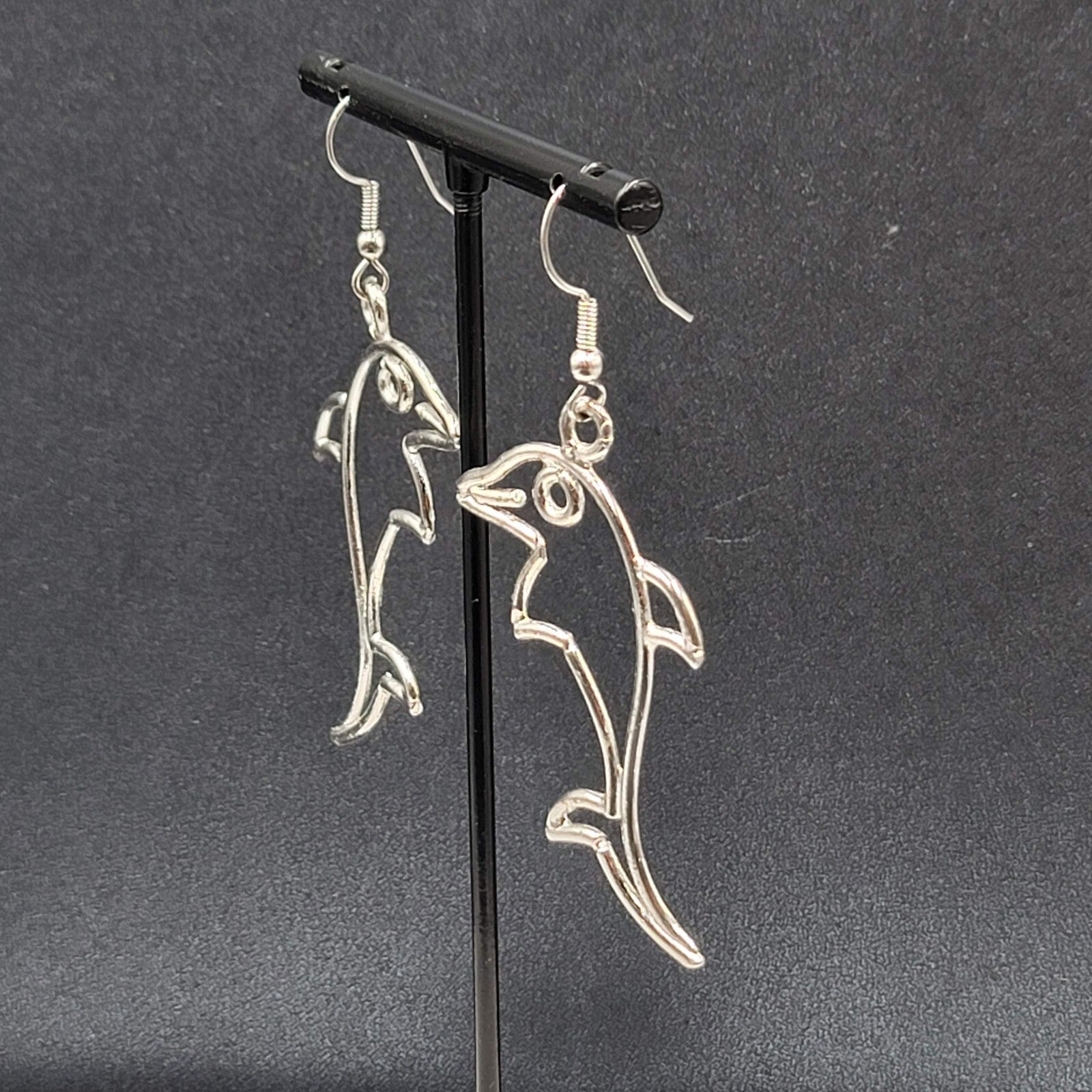 Dolphin Pierced Earrings Silver tone Dangle 2 1/8"