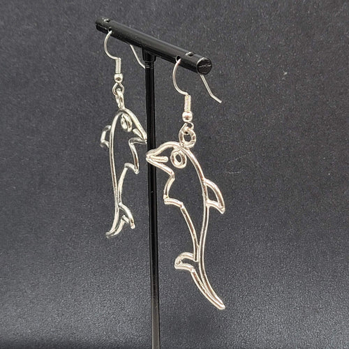 Dolphin Pierced Earrings Silver tone Dangle 2 1/8"