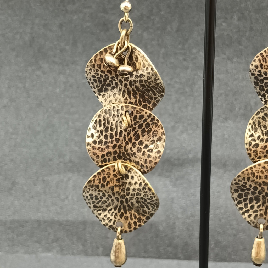 Pierced Earrings Antiqued Hammered Gold tone Wavy Circles Statement Drop 2 3/8"