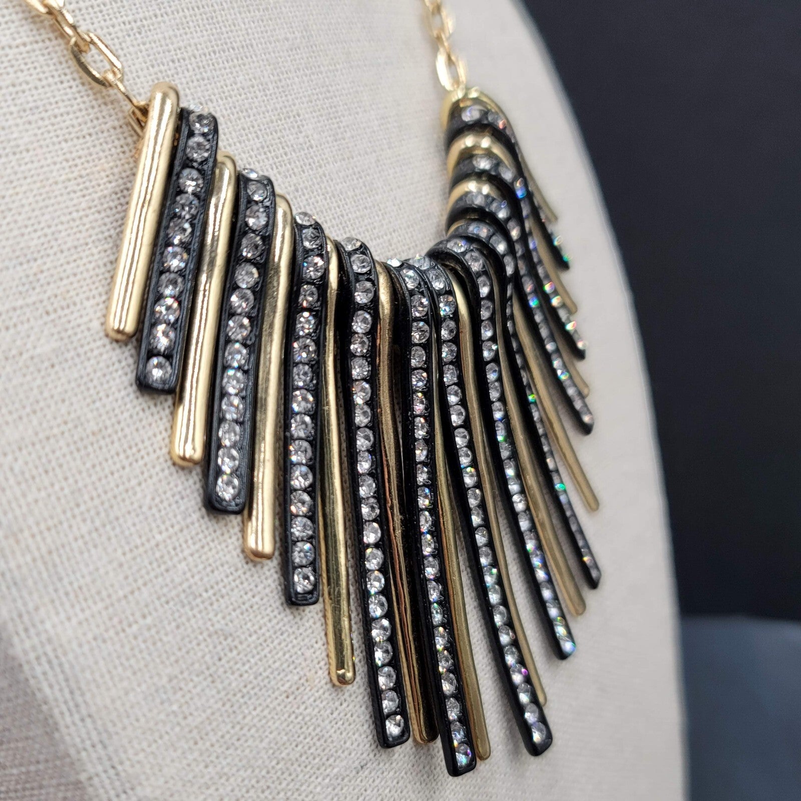 Gold Plated Black Enamel Crystal Rhinestone Bib Statement Necklace 17"-20"