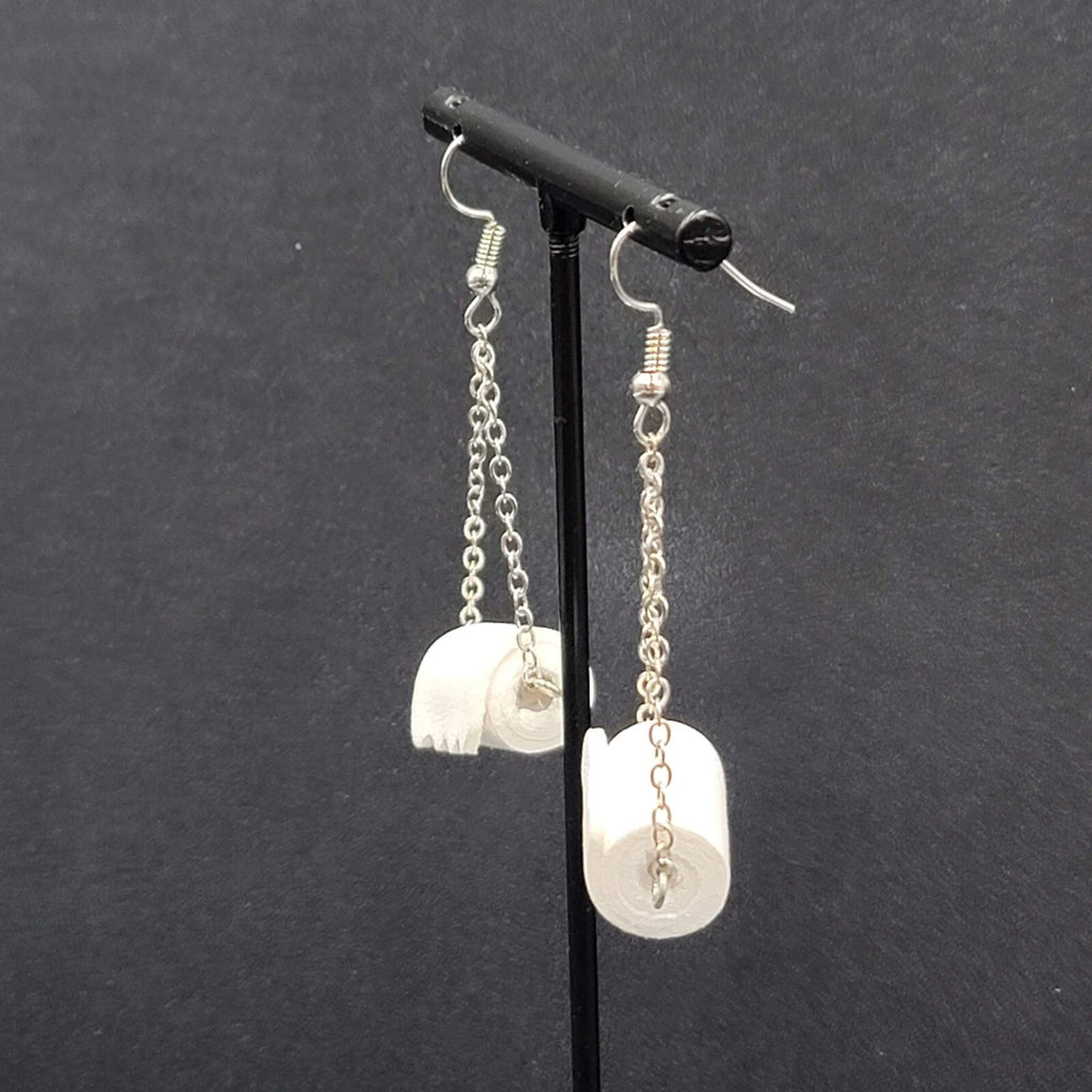 Toilet Paper Roll Pierced Earrings Silver tone Dangle Chains 1.5"