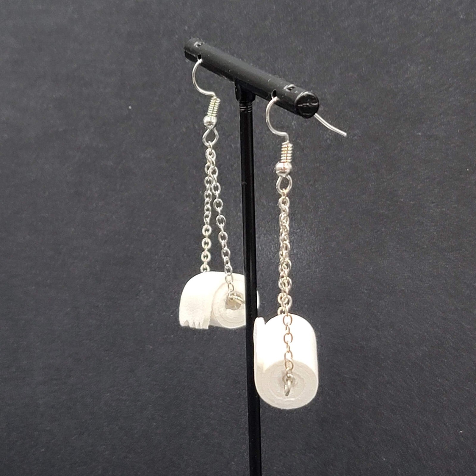 Toilet Paper Roll Pierced Earrings Silver tone Dangle Chains 1.5"