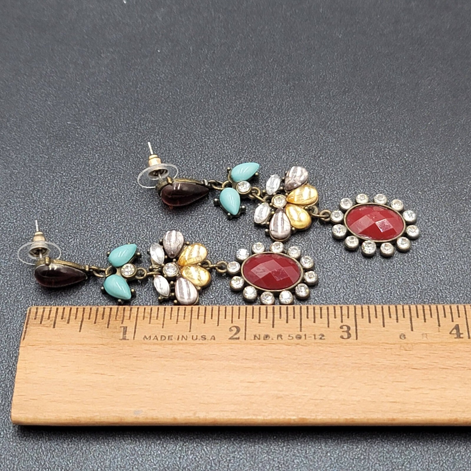 Pierced Earrings Bronze tone Multi Color Accents Rhinestone 2.75"