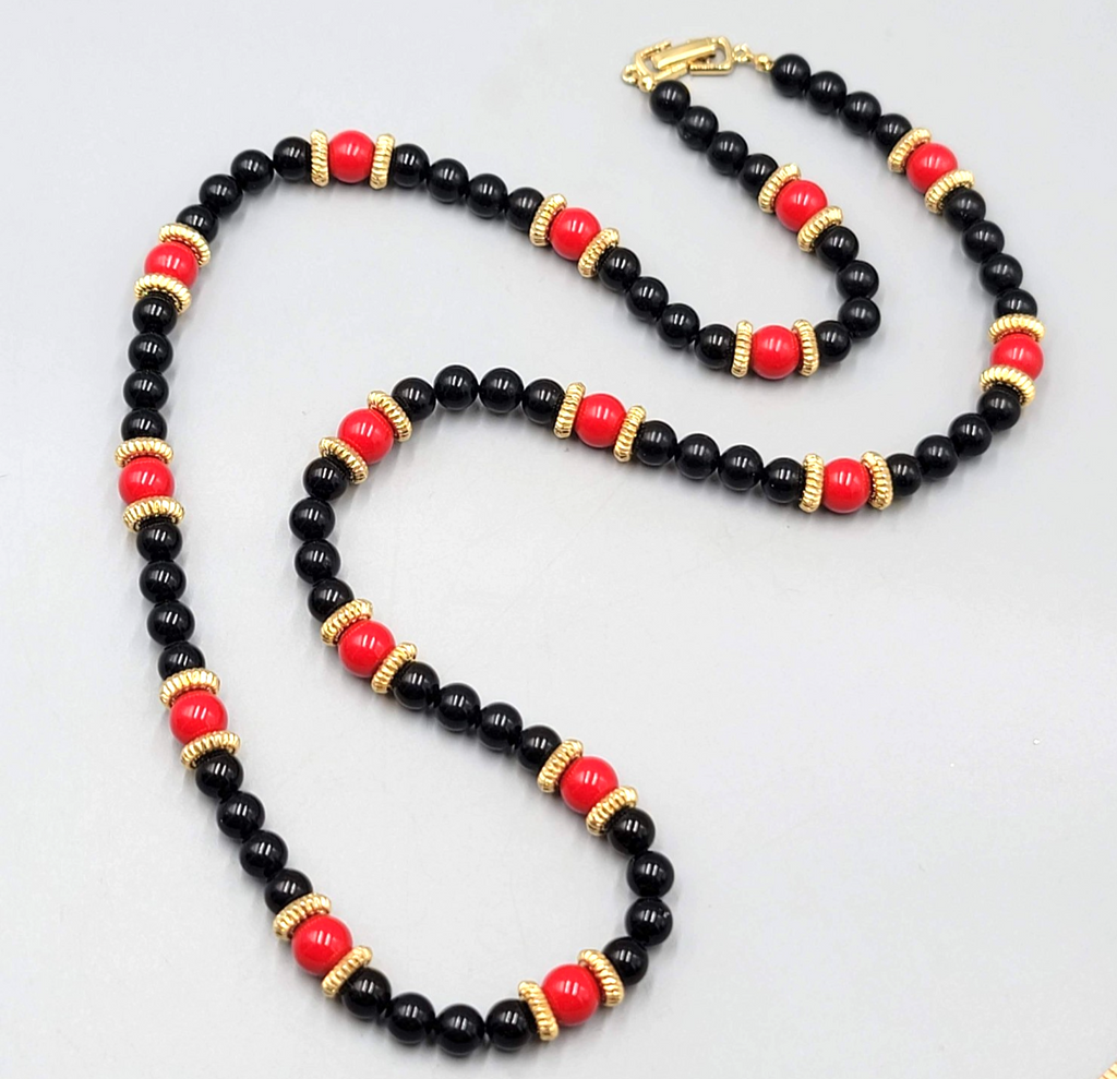 Vintage Black Red Bead Necklace Gold tone 32" Estate Costume Jewelry