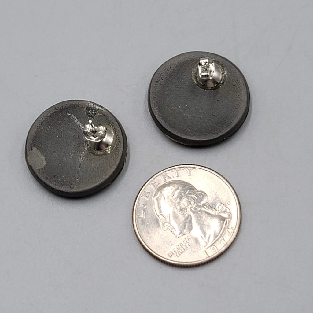 Vintage Ceramic Round Pierced Earrings Black Gold Paint 1"
