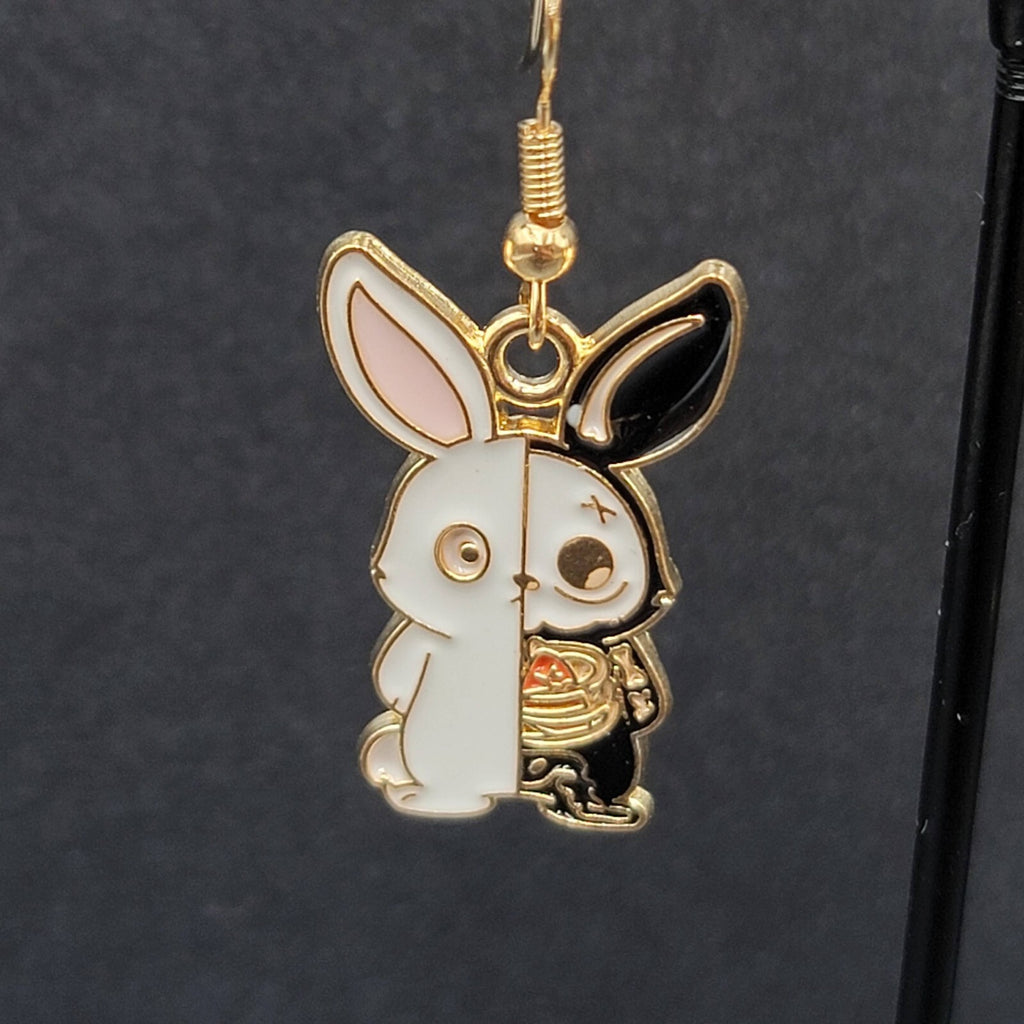 Zombie Rabbit Bunny Pierced Earrings Halloween Half Skeleton Enamel Dangle 1"