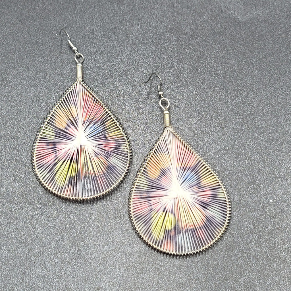 Large Pierced Earrings Silver tone Teardrop String Art Hearts Theme 3.5"