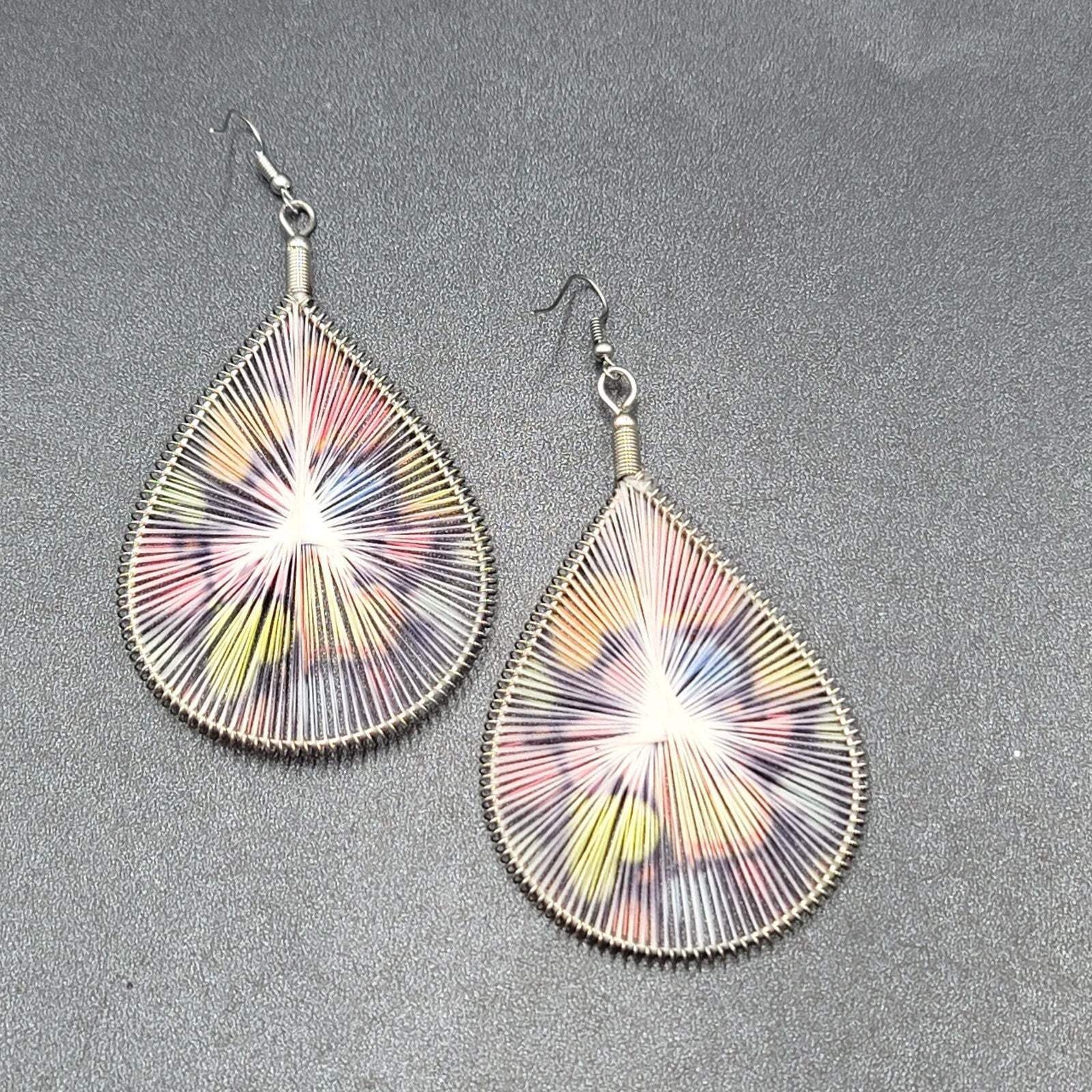 Large Pierced Earrings Silver tone Teardrop String Art Hearts Theme 3.5"