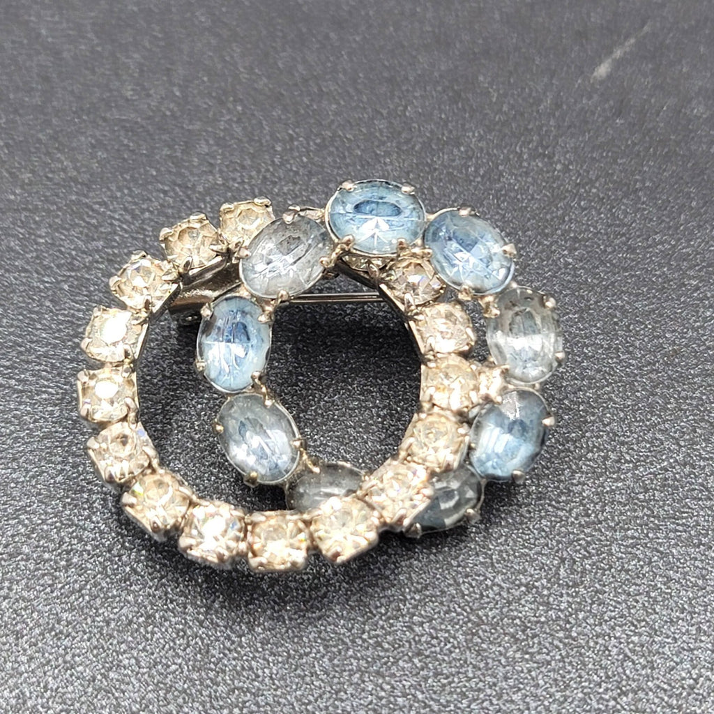 Vintage Brooch Blue Rhinestone Intertwined Circles 1 3/8" Estate Jewelry
