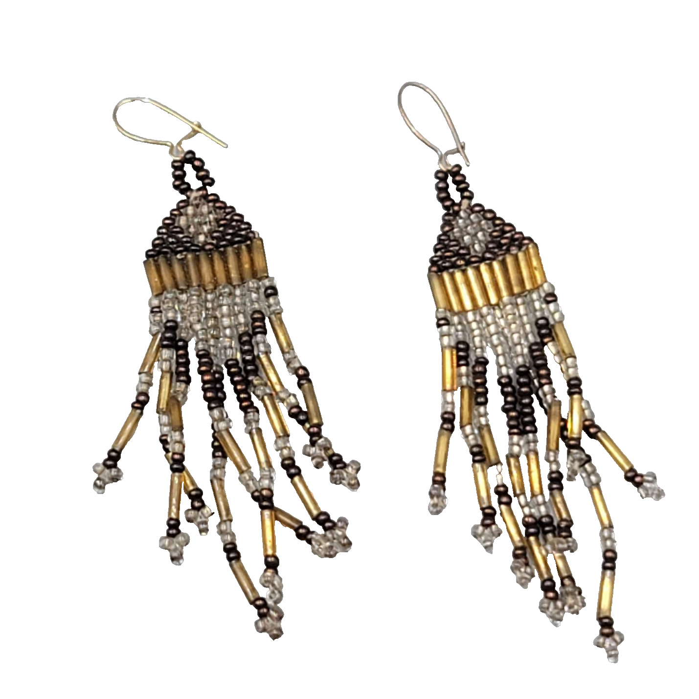 Vintage Seed Bead Tassel Pierced Earrings Clear Gold tone Black 2.75 in
