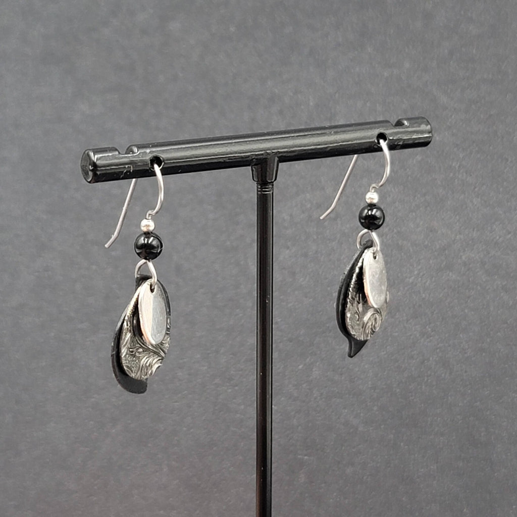 Pierced Earrings Silver tone Black Bead Layered Metal Dangle  3/4"