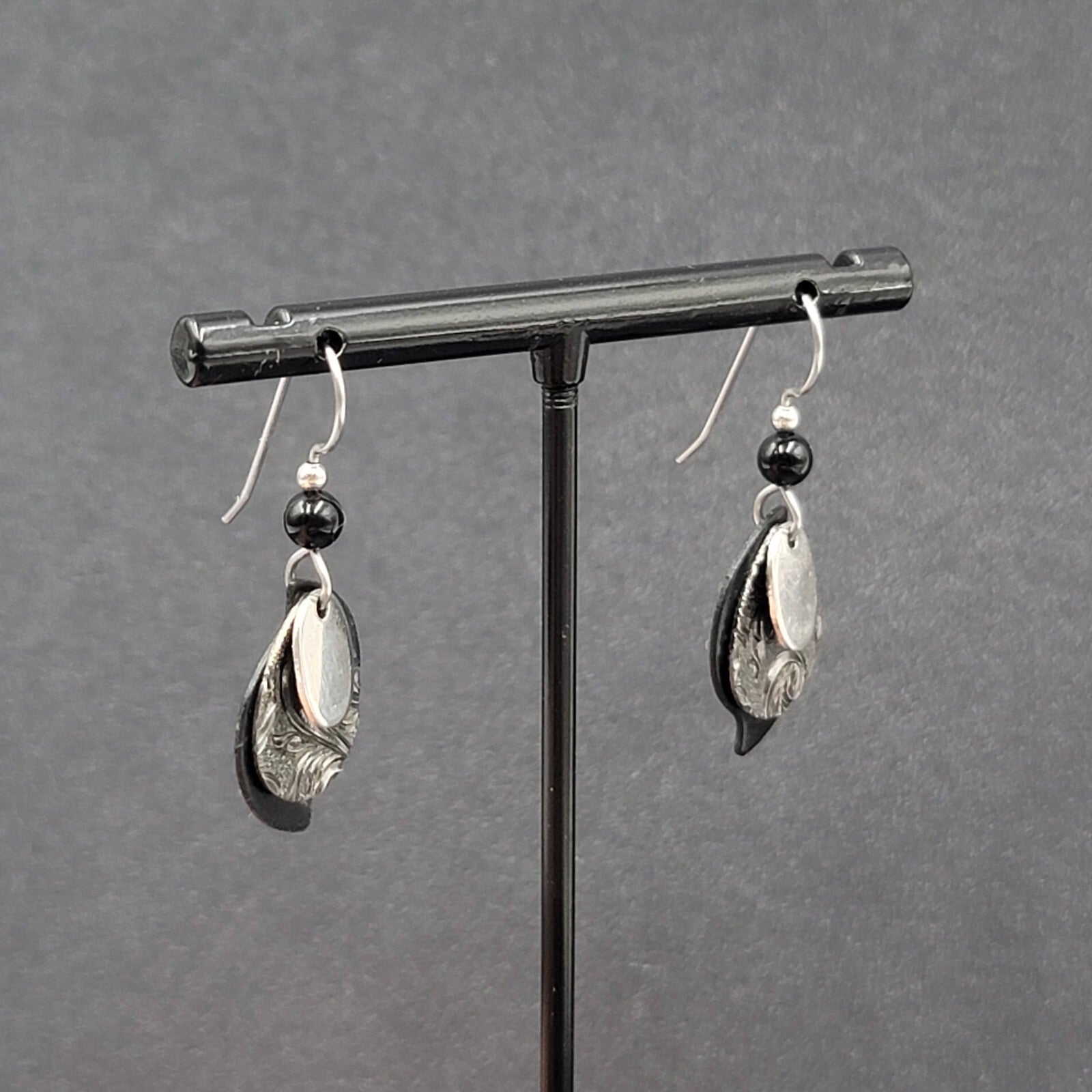 Pierced Earrings Silver tone Black Bead Layered Metal Dangle  3/4"