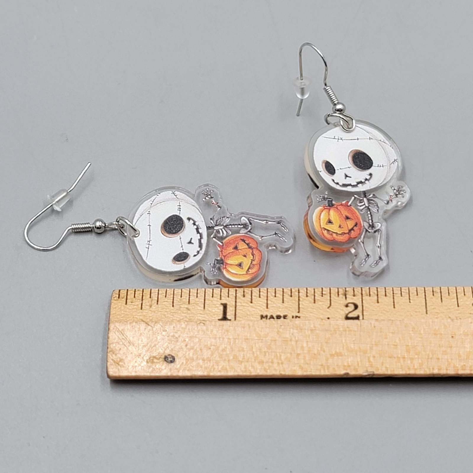 Halloween Skeleton Jack o Lantern Pierced Earrings Silver tone Dangle 1.5 in