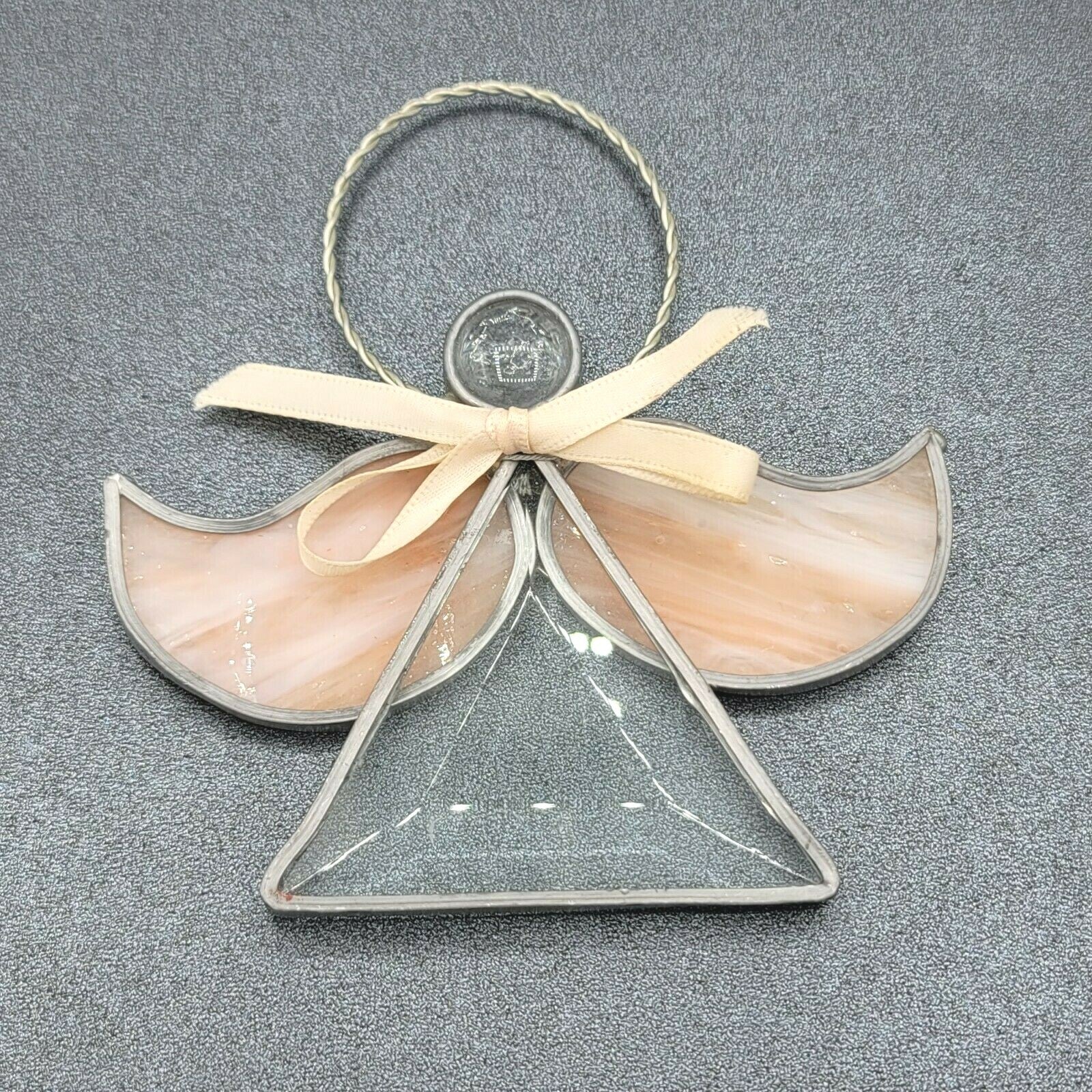 Stained Glass Angel Figurine Ornament 5" x 4 5/8" Sun catcher Peach Pink Wings