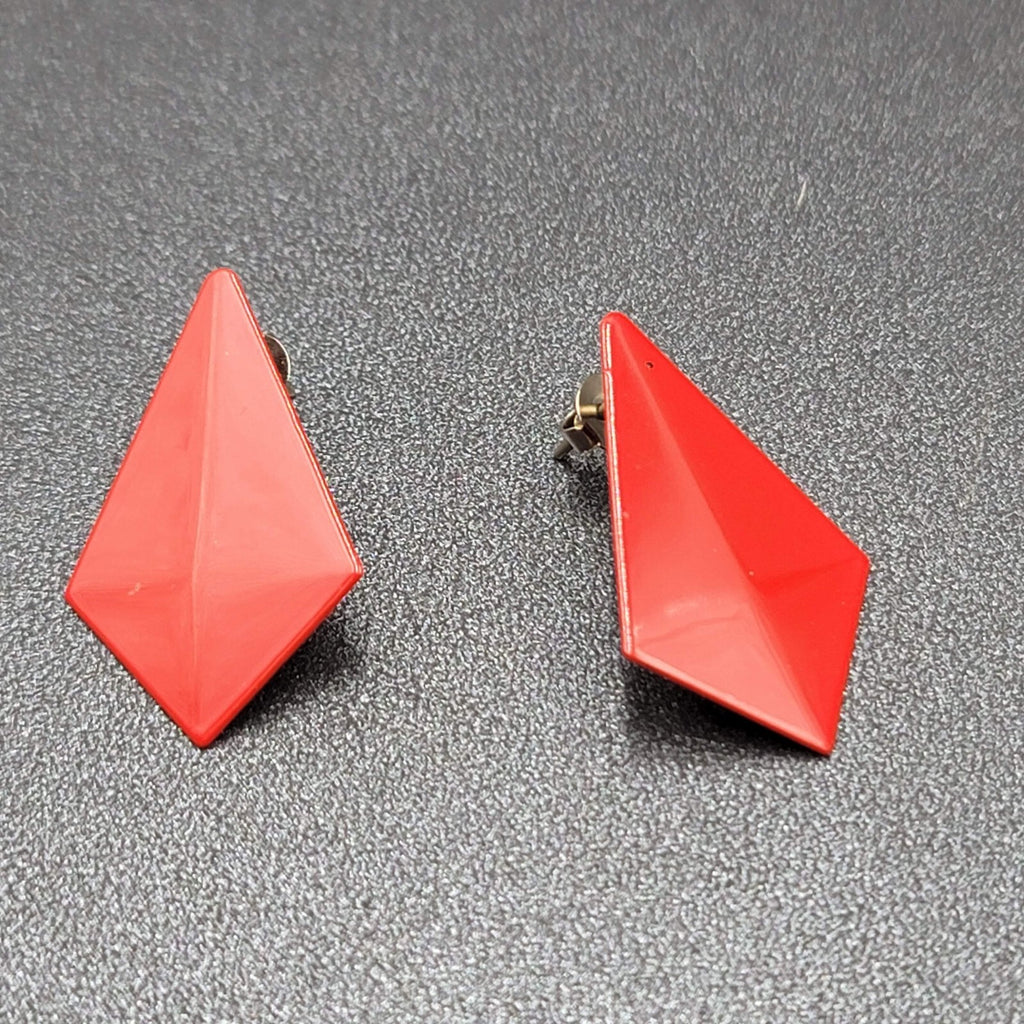 Vintage Pierced Earrings Red Enamel Geometric Drop 1 1/8"
