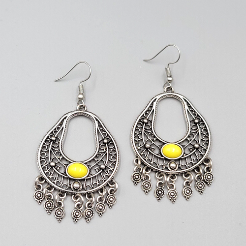 Chandelier Pierced Earrings Silver tone Yellow Accent Dangle 2"