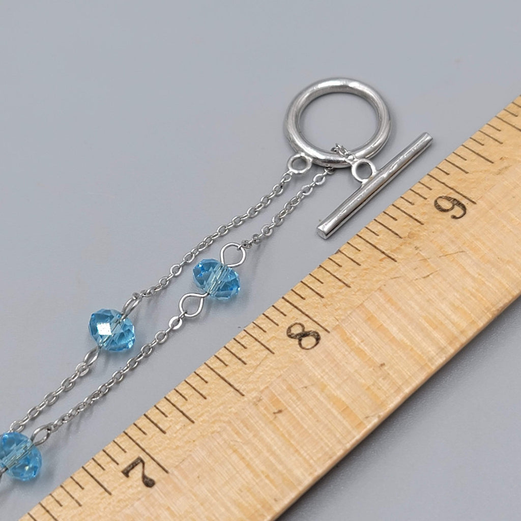 Blue Crystal Station Necklace Dainty Silver Plated 18"