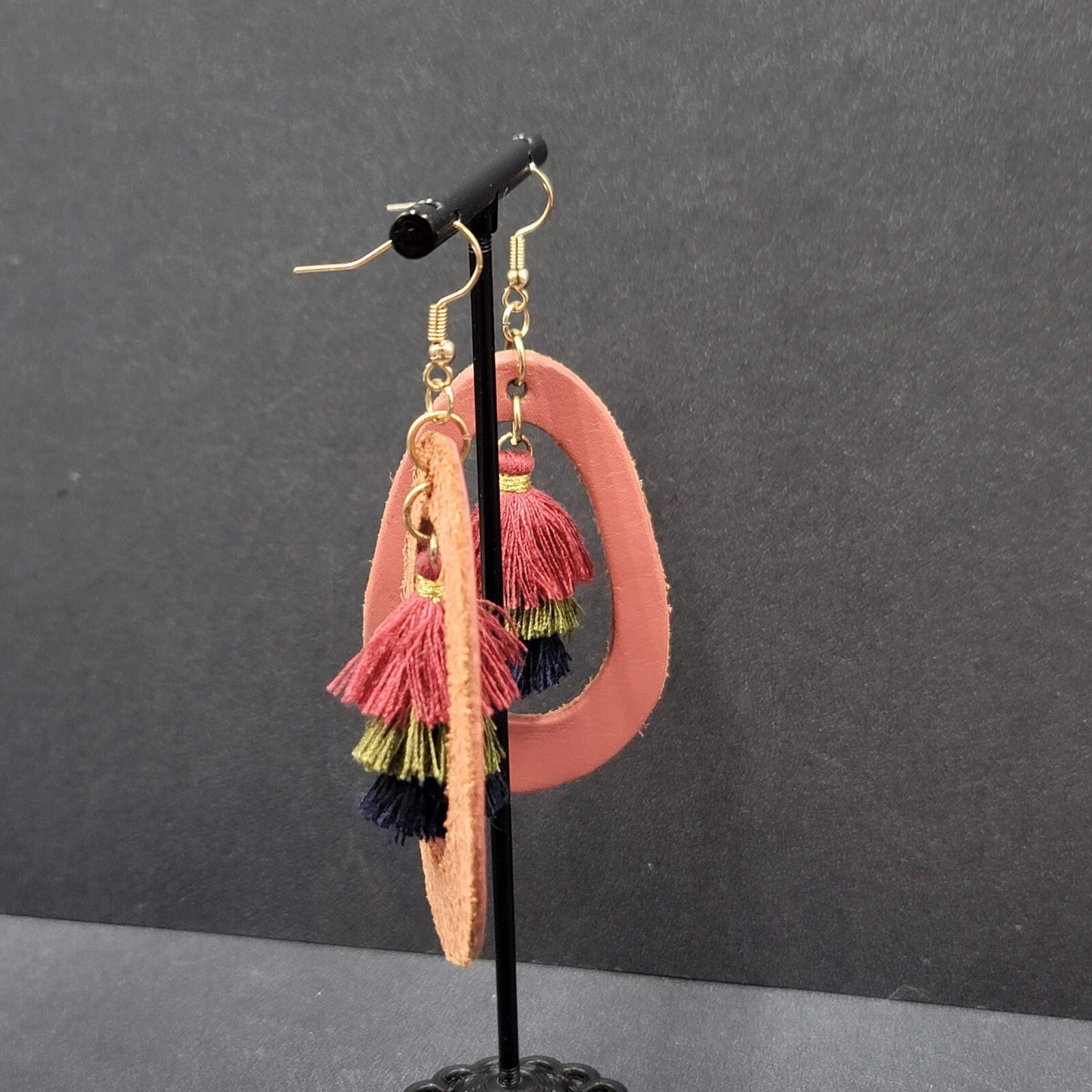 Pierced Earrings Dusty Rose Pink Leather Teardrop Tassel Boho Art  2.5"