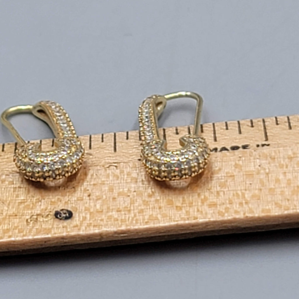 Crystal Studded Safety Pin Sterling Silver Gold Vermeil Pierced Earrings 7/8"