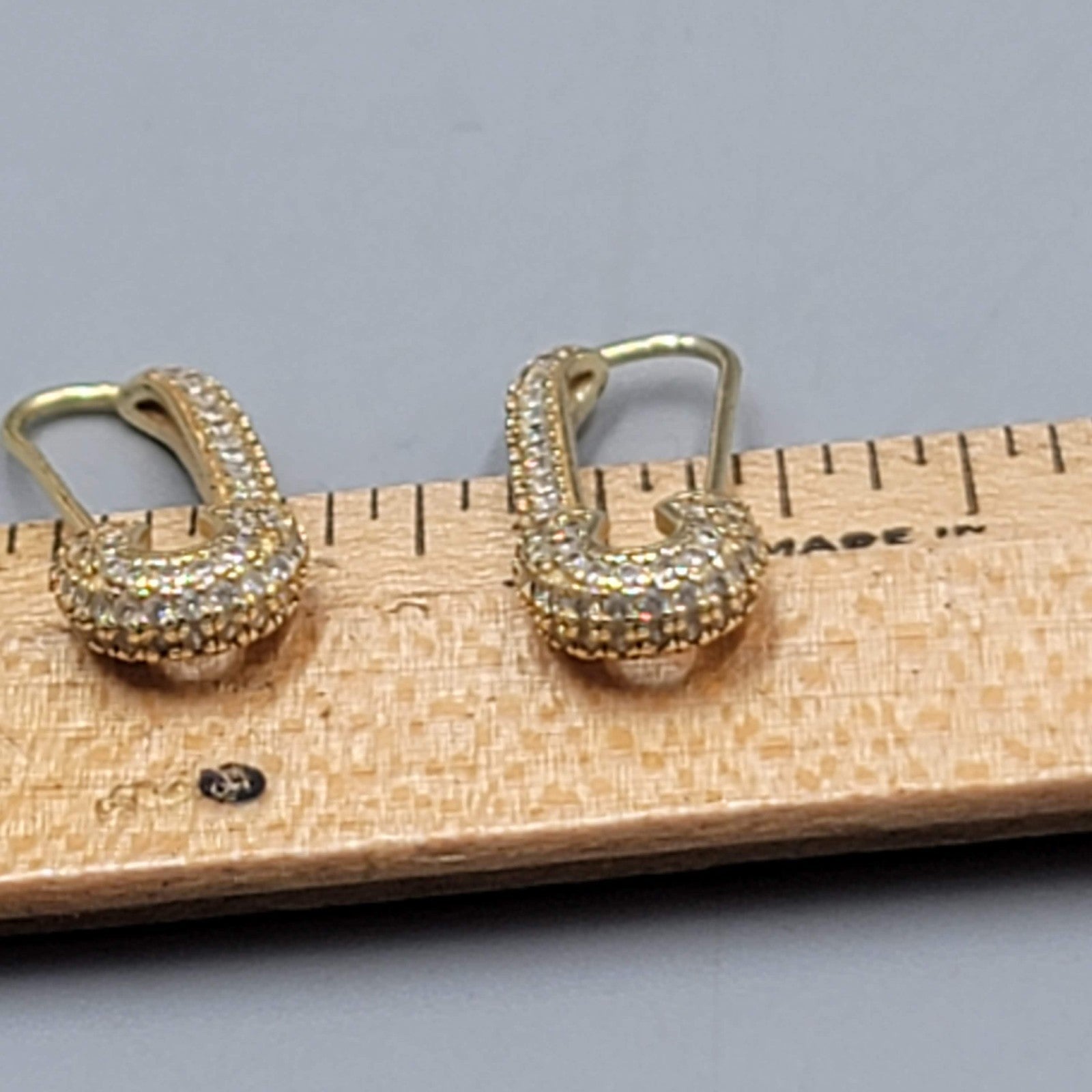 Crystal Studded Safety Pin Sterling Silver Gold Vermeil Pierced Earrings 7/8"
