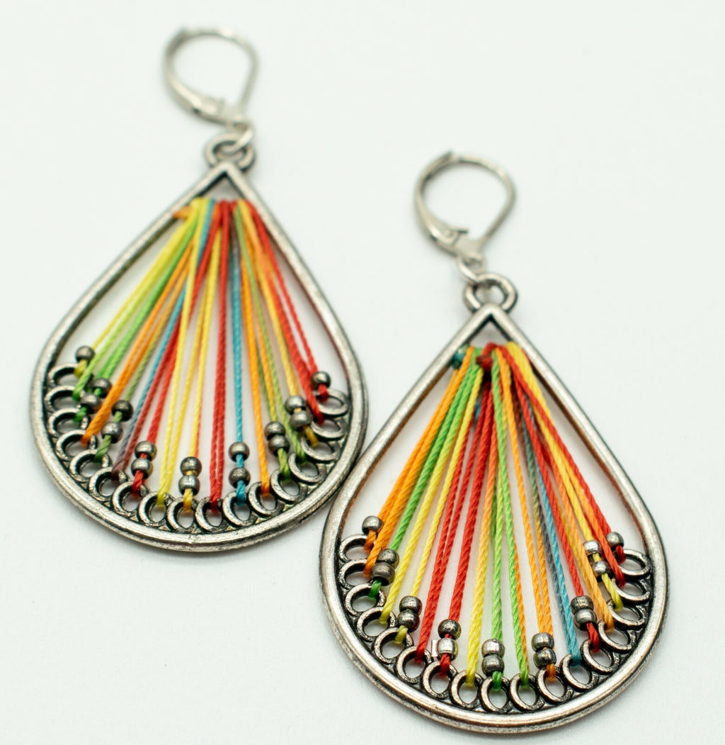 Pierced Earrings Silver tone Dangle Rainbow Thread 2"