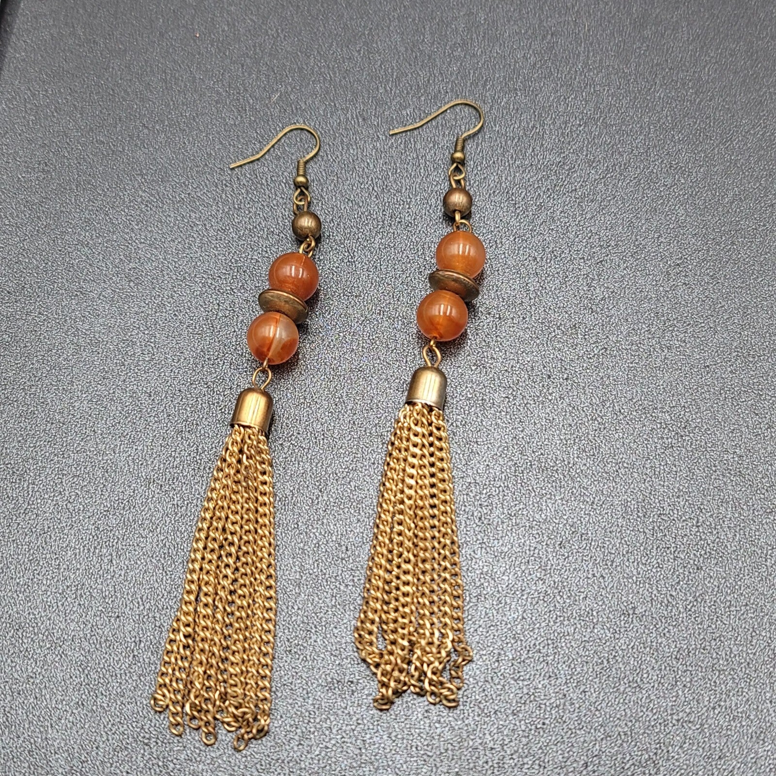 Pierced Earrings Gold tone Multi Chain Orange Bead Extra Long Dangle 4"