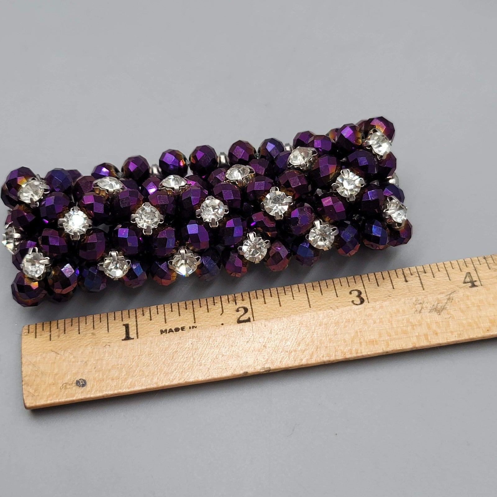 Purple AB Bead Rhinestone Bracelet Elastic Wide 7 in