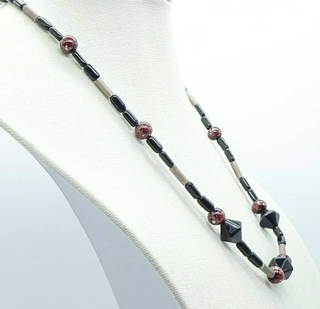 Vintage Beaded Necklace 24 in Estate Costume Jewelry Red Black Silver